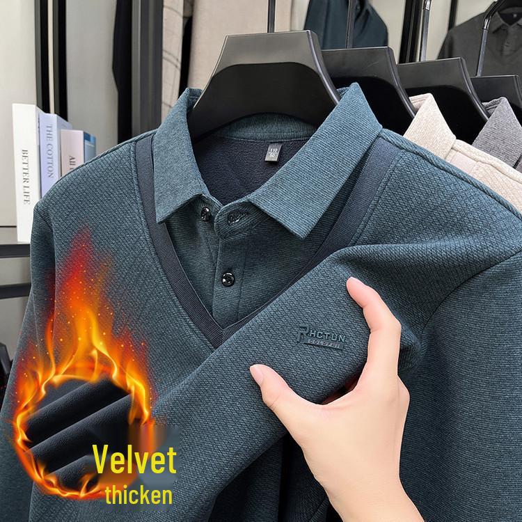 2025 Winter Men's Faux Two-Piece Sweater: New Thick Knit with Shirt Collar and Warm Velvet Layer