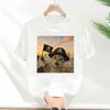 White TShirt Helmet Wearing Tabby Cat Print Background With Fighter Jets Missile Explosion Battle Scene Funny Creative Top