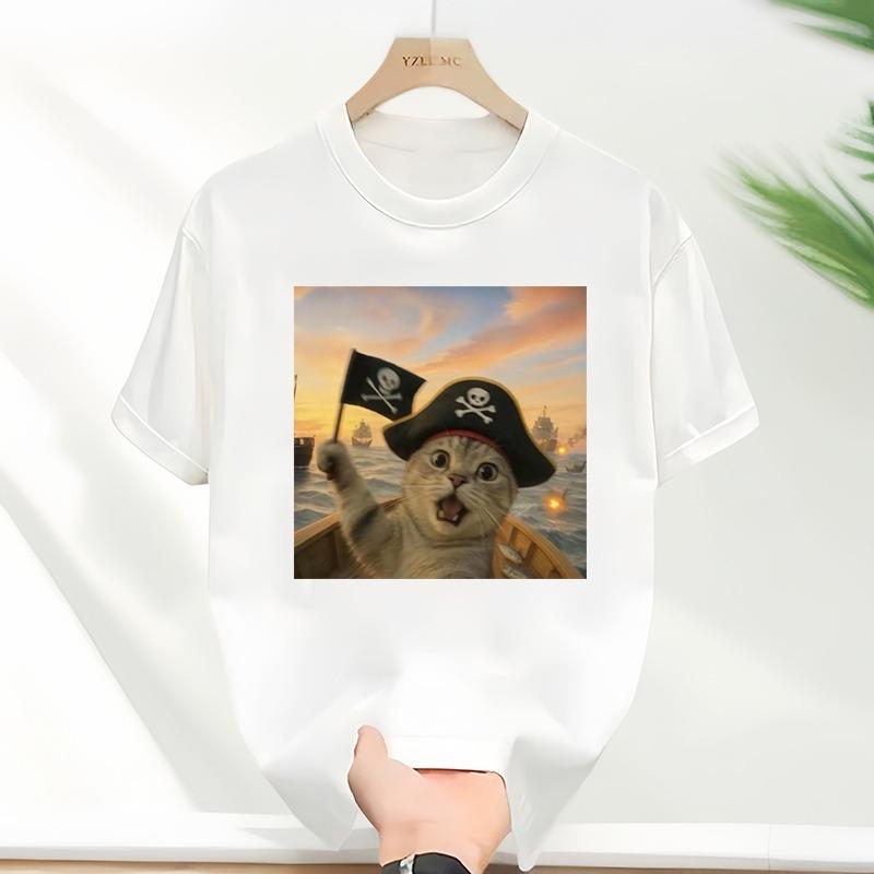 White TShirt Helmet Wearing Tabby Cat Print Background With Fighter Jets Missile Explosion Battle Scene Funny Creative Top