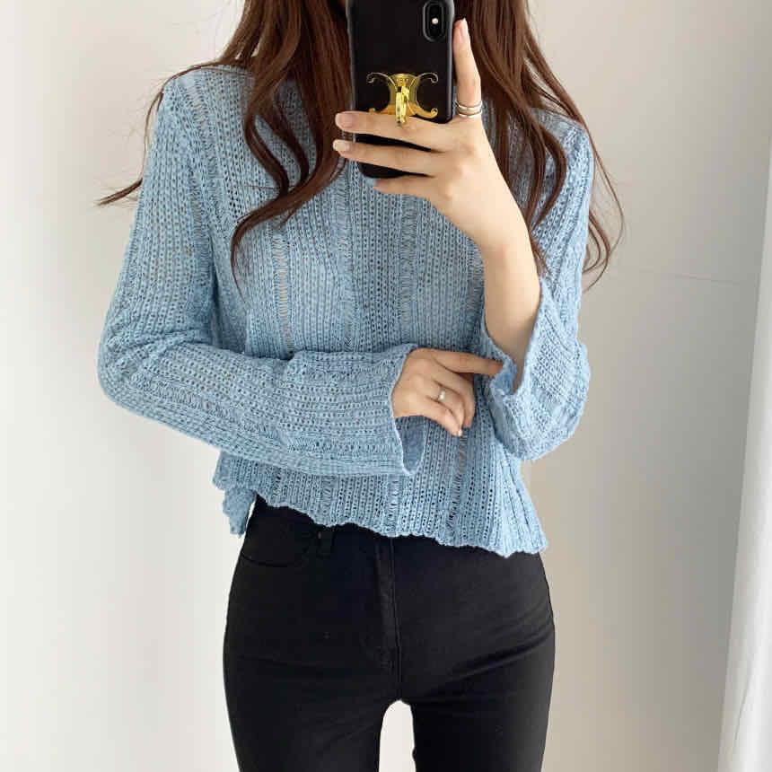 

Korean Niche Candy Color Crew Neck Pullover Hollow Out Sun Protection Cover Up Loose Versatile Short Knit T-shirt One size синій