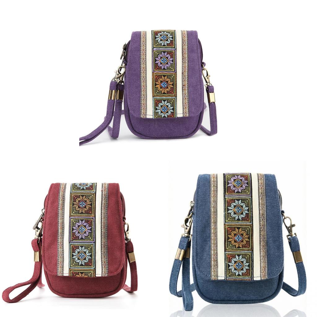 Ethnic Embroidered Canvas Phone Bag With Multiple Pockets For Daily Use