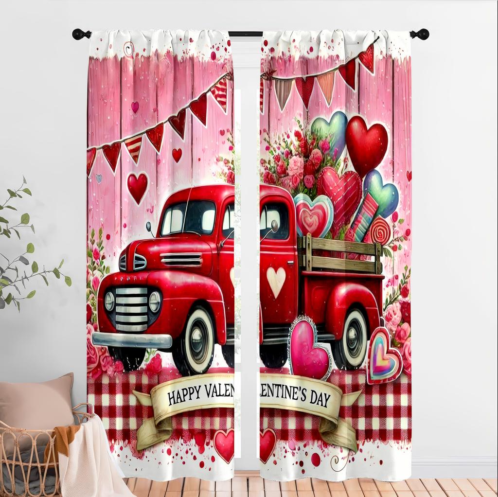 2pcs Red Truck Love Valentine's Day Curtains   Deep American Holiday Style   Living Room and Bedroom   Drawbar Pocket Decoration
