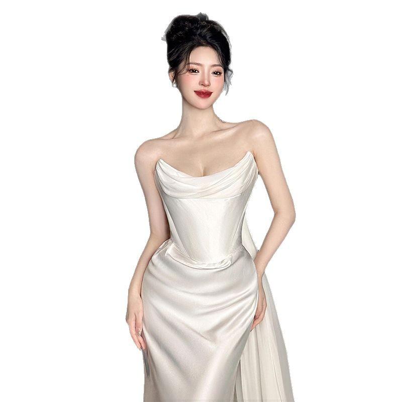 European and American Satin Travel Photography Light Wedding Dress Bride French Simple Welcome Door Dress White Tube Top Trailing Dress