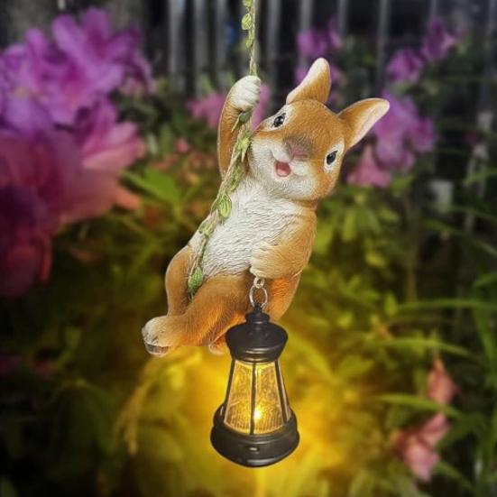Solar Garden Rabbit Statue Resin Climbing Rabbit Holding A Solar Lantern Lighted Hanging Bunny