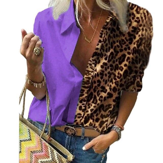 Casual Long Sleeve Leopard Print Patchwork Loose Blouses and Shirts Elegant Office Lady Chiffon Blouse Oversized Top