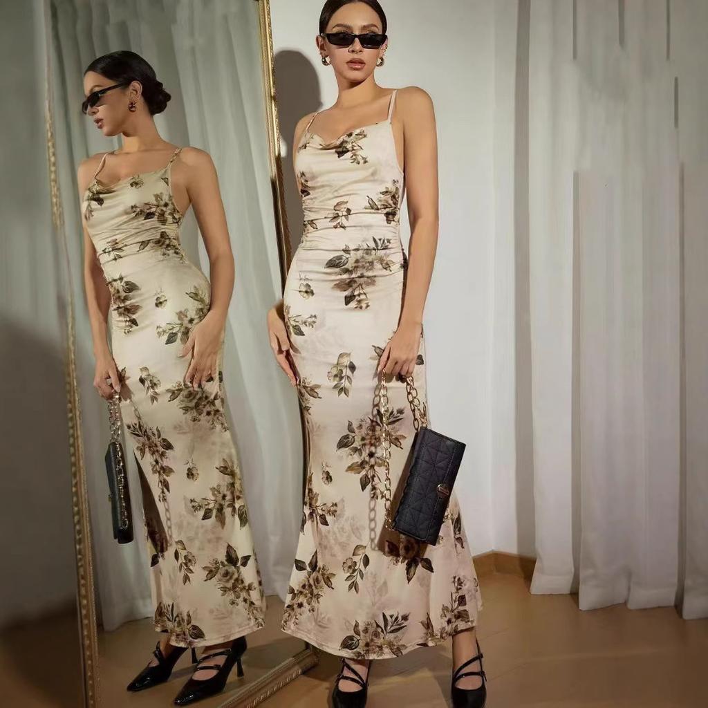 Summer and autumn suspender printing sexy chest dress women's European and American style temperament advanced sense slim and long