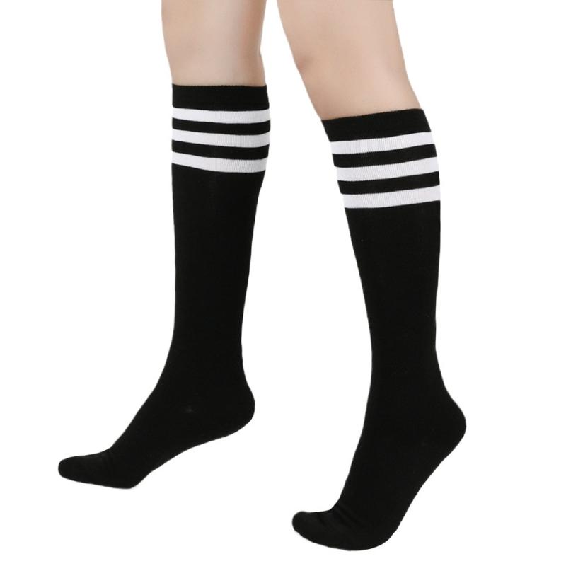 Women's Knee High Cotton Socks Streewear Harajuku Cheerleaders Black White Three-Line Striped Running Sports Socks