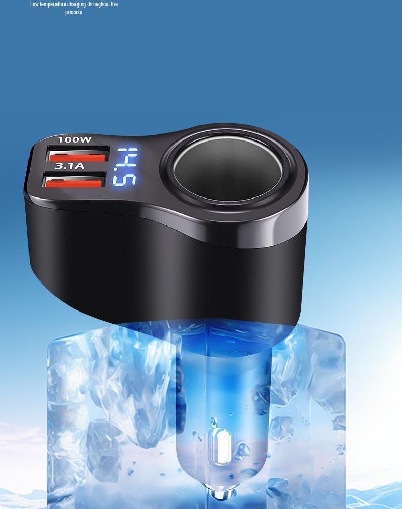 100W Dual USB Car Charger with Digital Display and One-to-Two Extension