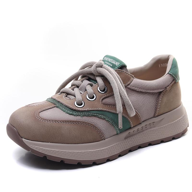 

Johnature Soft Soled Sneakers Comfortable Lace Up Flat Shoes Retro Genuine Leather Casual Women s Shoes 35 зелёный