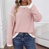 Women's Crew Neck Long Sleeve Top Loose Fit Streetwear Casual Sweater Color Block Patchwork Pullover Fall Knit Waffle Shirt