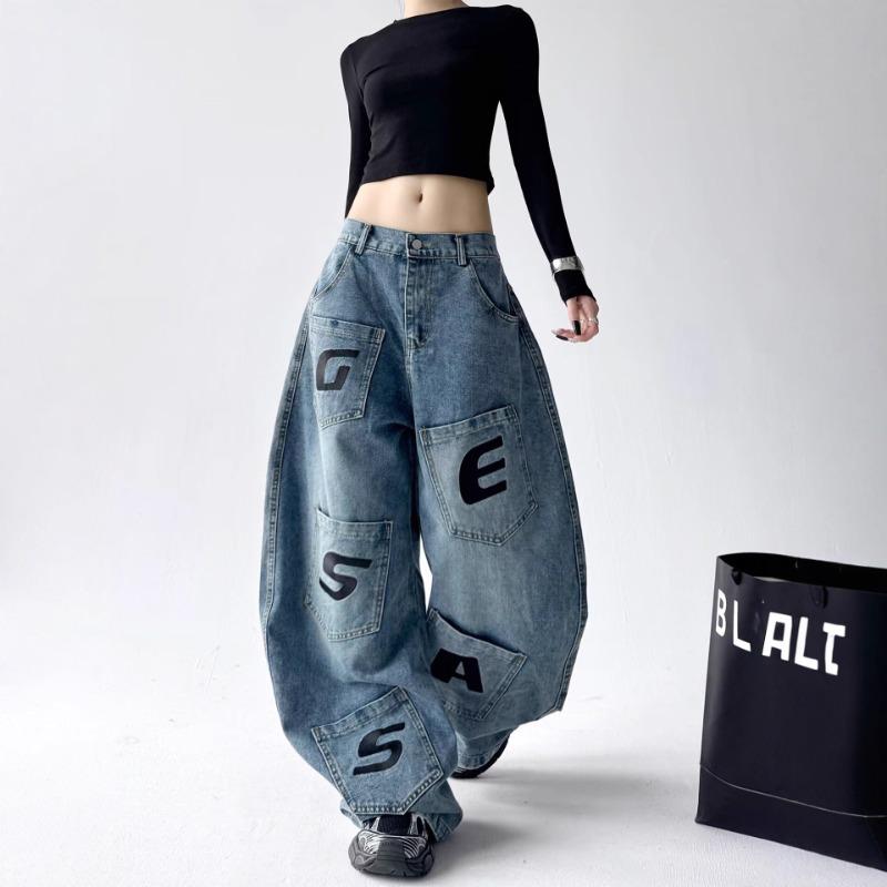 Vintage Washed Letter Print Multi-pocket Tooling Jeans Men's and Women's Loose Wide-leg Cutter Pants