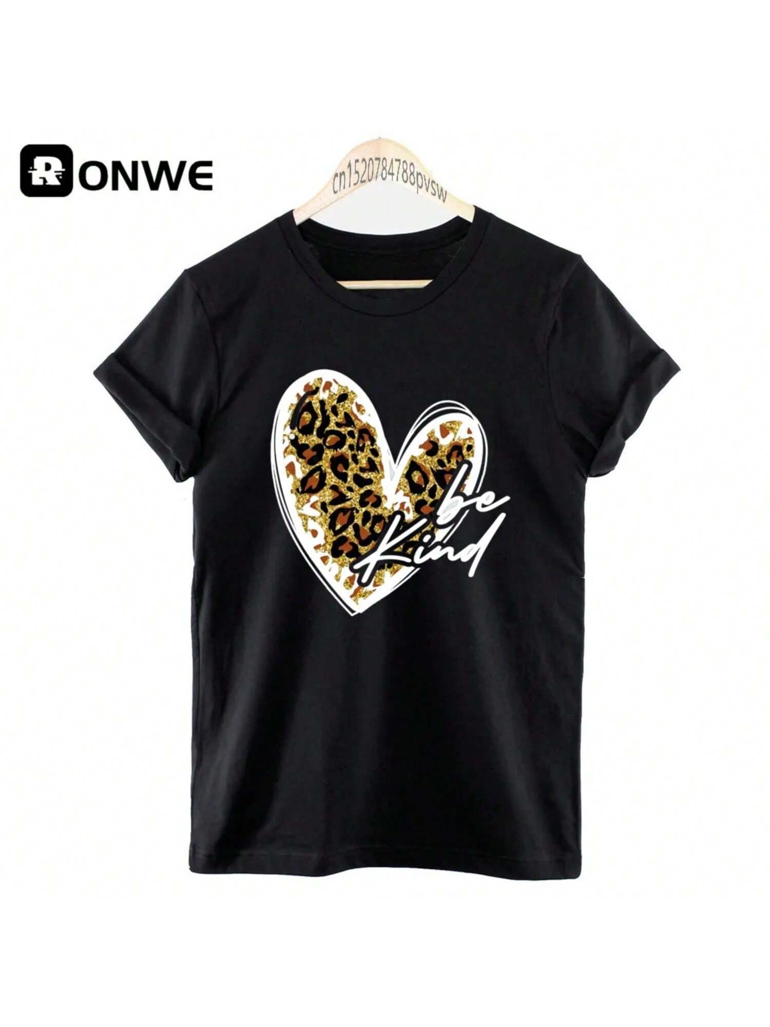 Leopard Heartbeat Be Kind Graphic Fashion Wounisex T-Shirt Female Watercolor 90s Style Girl Tops Tee Y2k Clothing,Drop Shipping S разноцветный
