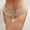 Vintage Multi-Layer Pearl Choker Necklace for Women Elegant Pearl Collar with Crystal Inlay Pendant Fashion Statement Jewelry