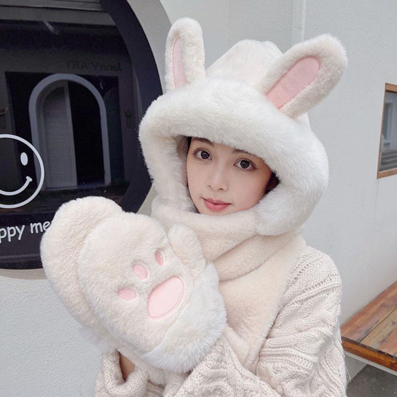 Three-piece hat set for women, autumn and winter, with fleece lining, thickened, integrated scarf and gloves, plush, warm, Korean style, ear