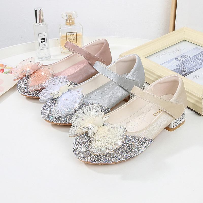 Summer 2025 Rhinestone Princess High Heels for Girls - Leather Shoes for Kids, Available in Small, Medium, Large Sizes