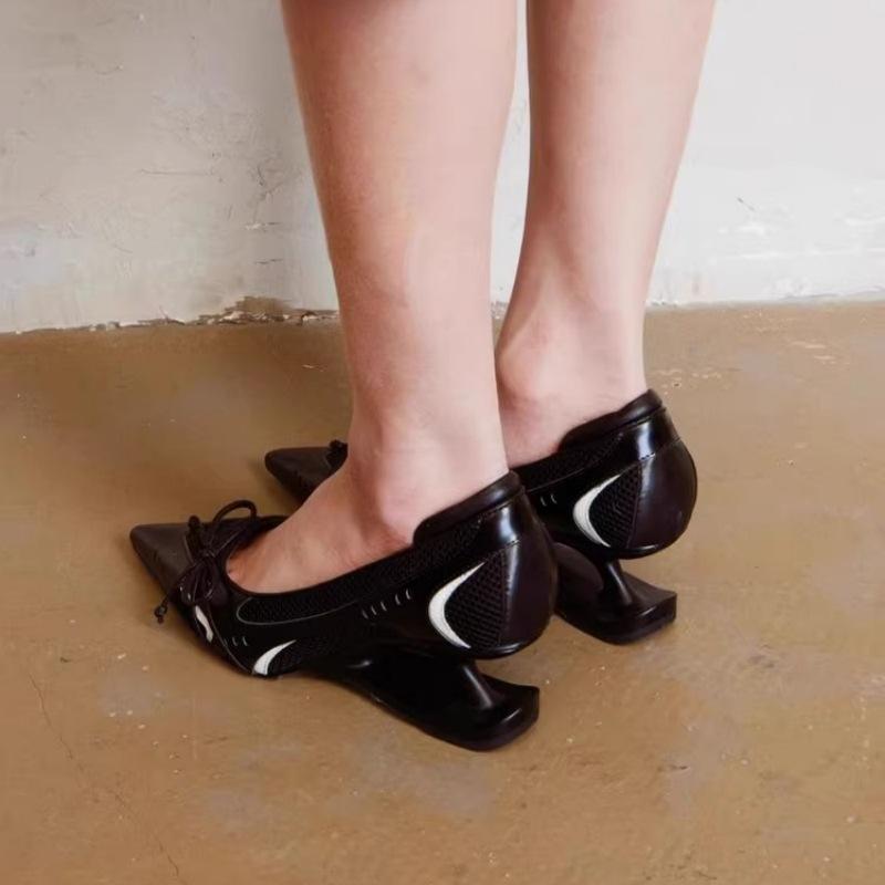 Fashion New Pointed Irregular Suspended Heel Shallow Mouth Single Shoe Butterfly Bow Mesh High Heels Temperament Imperial Style Tacones