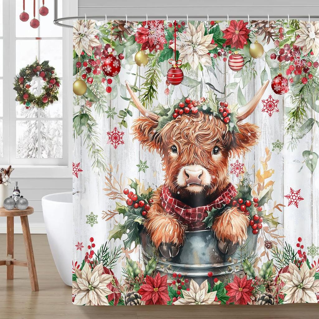 Winter Christmas Shower Curtain,Holiday Blue Snowman Bath Curtain Xmas Gift,Eucalyptus Leaf Flower Floral Bathroom Accessories