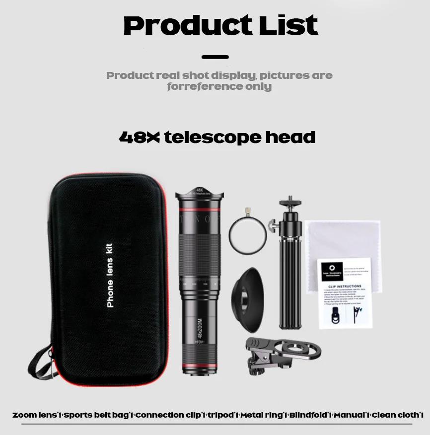 Super Telephoto Zoom Mobile Phone Lens Powerful 48x Monocular Metal Telescope Mobile HD Telephoto Lens With Tripod For Camping