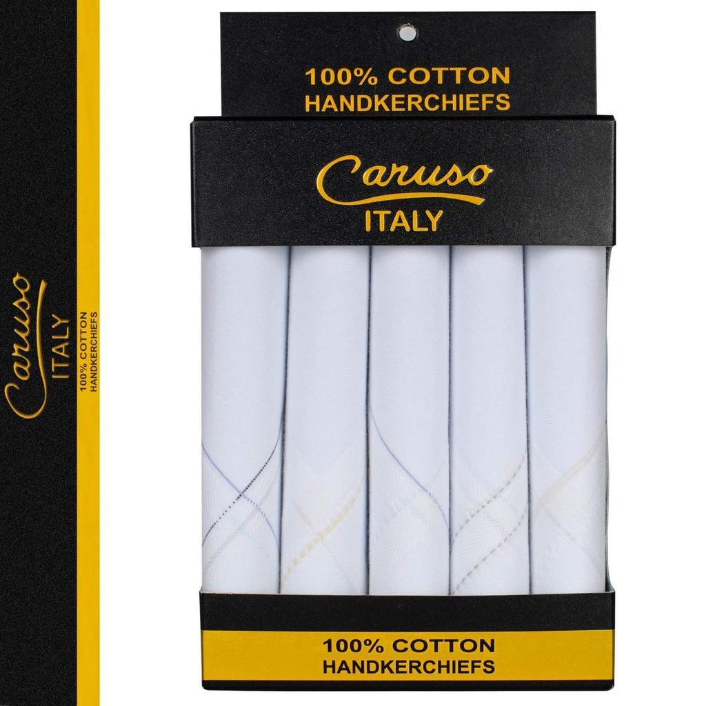 Caruso Italy Men's Luxury 100% Pure Cotton Handkerchiefs with Colored Borders - 5-Pack, Large, White