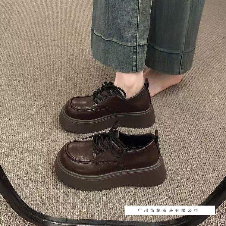 British style big head small leather shoes women's autumn black lace-up loafers retro single shoes