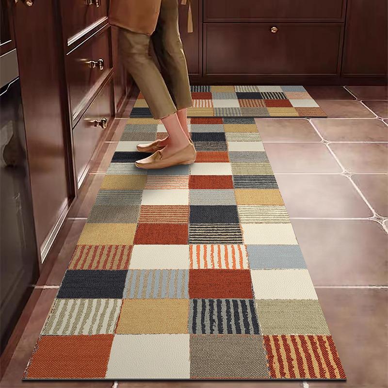 PVC Kitchen Carpet Waterproof Leather Floor Mat Oil-proof Non-slip Long Foot Mats Color Stripes Ethnic Style Home Decoration Rug