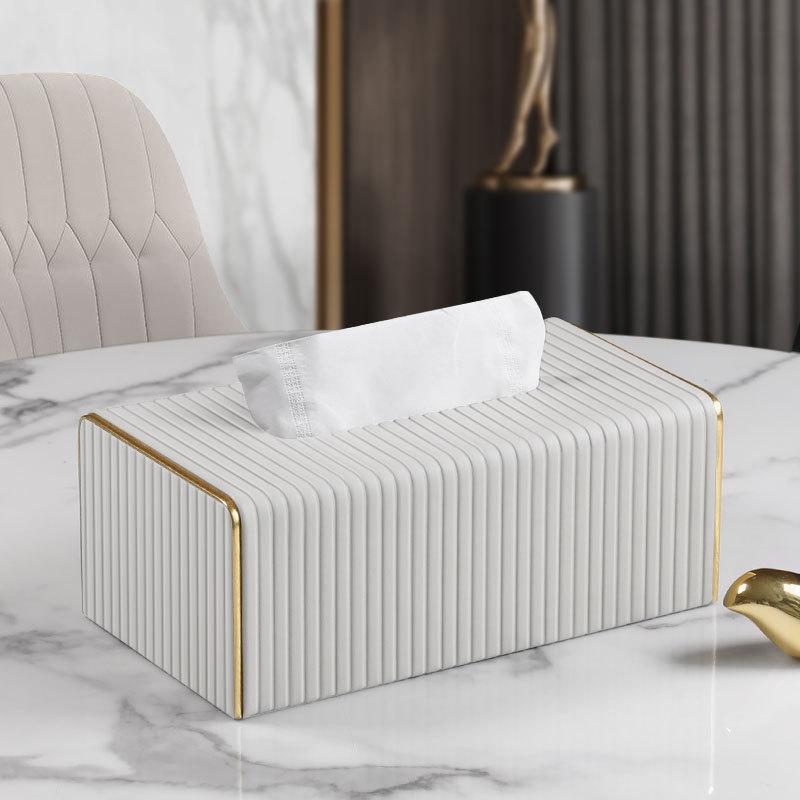 1 Piece Scandinavian Style Faux Leather Tissue Box - Gold Stripe Rectangle Design for Living Room, Dining Room or Bathroom