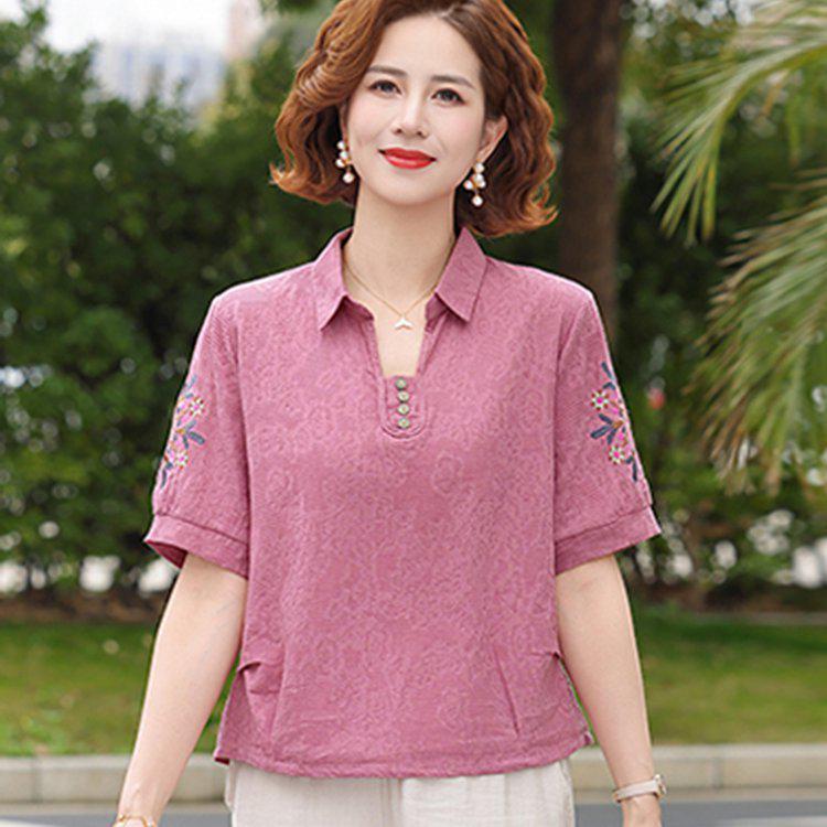 Women's Casual Summer Lapel T-Shirt - Short-Sleeved, Thin, Loose Fit for Middle-Aged and Elderly