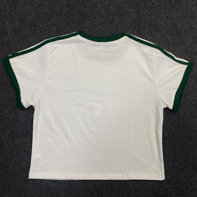 T-shirt pullover estiva europea e americana con stampa di lettere, ombelico scoperto, scollo rotondo sexy