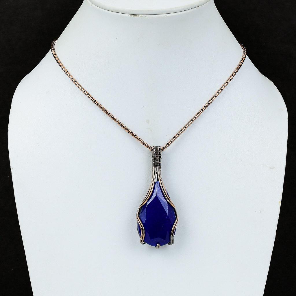 Lab-Created Blue Sapphire Gemstone Pure Copper Wire Wrapped Handmade Pendant Jewelry