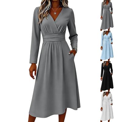 Women's Long Sleeve V Neck Midi Dress Casual Solid Color Elegant A Line Waist Pleated Design Soft Fabric Comfortable Fit
