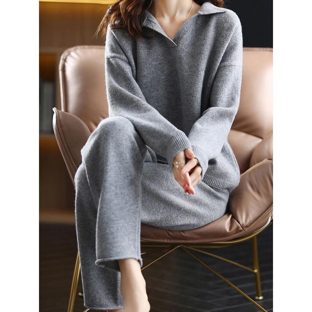 

Свободный трикотажный комплект из 2 предметов, женский корейский свитер с воротником-поло, пуловер, штаны-шаровары с высокой талией и длиной до щиколотки One Size хаки