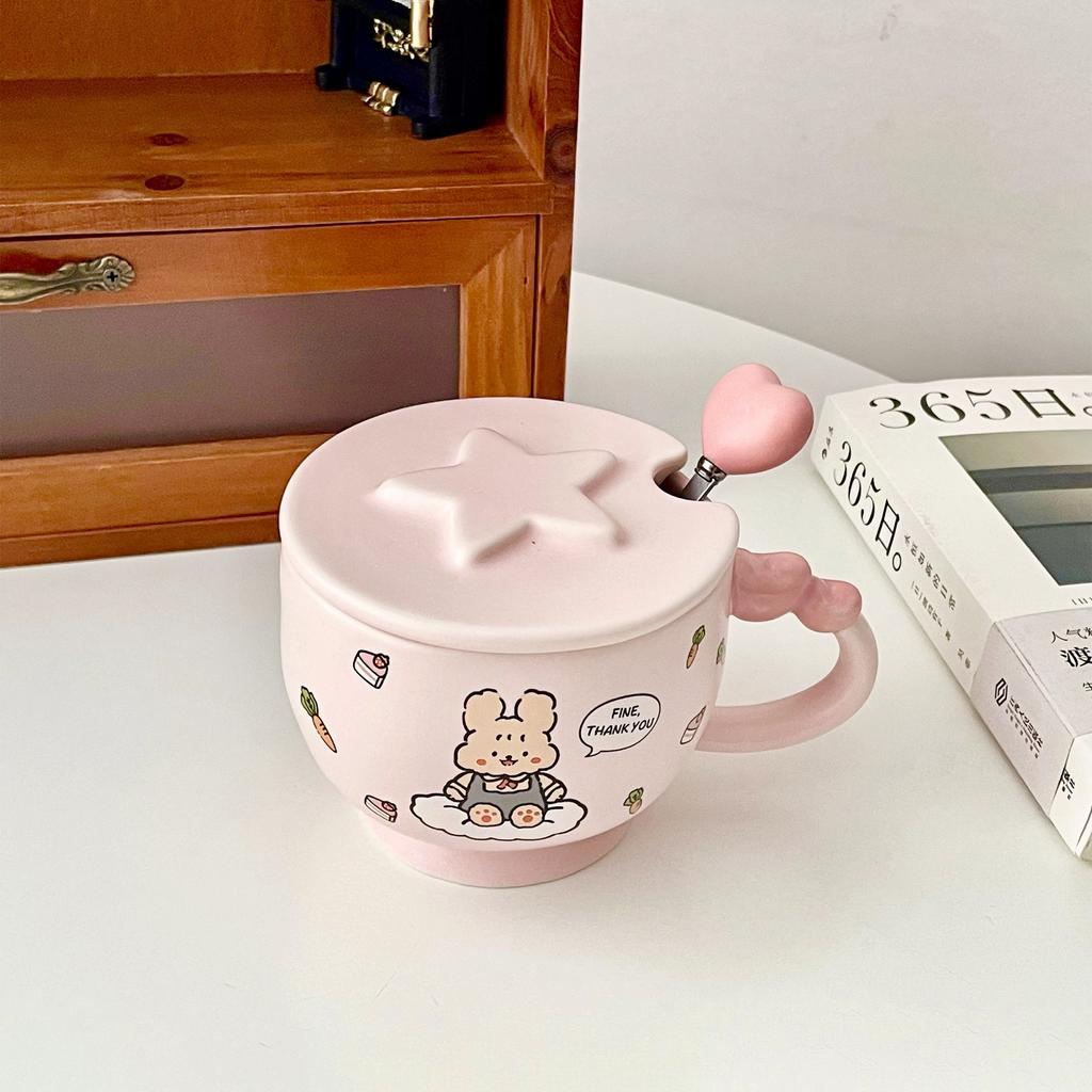 Cartoon Bear Coffee Cup High Value Mug with Cover Spoon Pink Rabbit Ceramic Cup Couple Cup