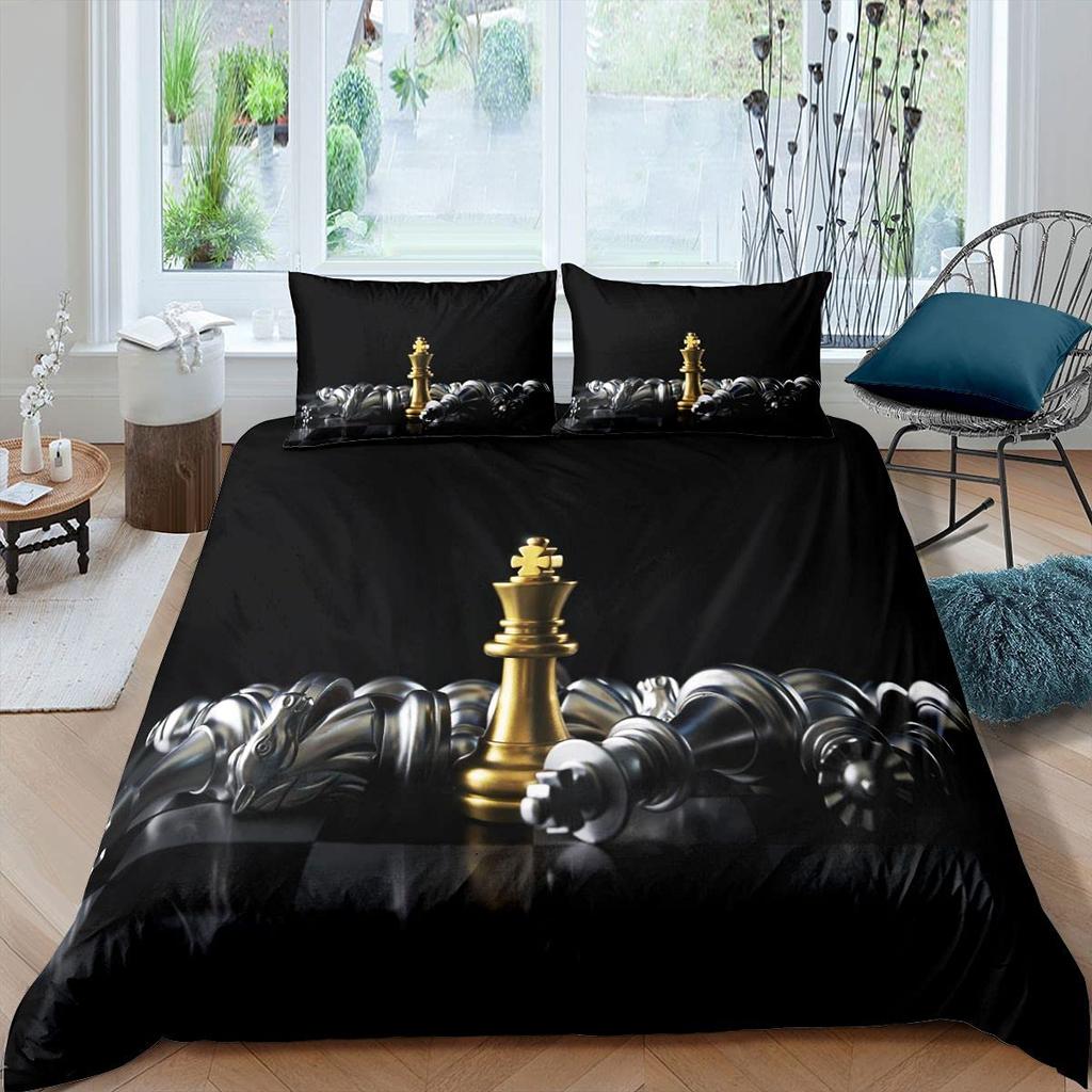 International Chess Duvet Cover Set Queen Size Chess Lovers Bedding Set for Boys Adults Microfiber Black Base 2/3pcs Quilt Cover