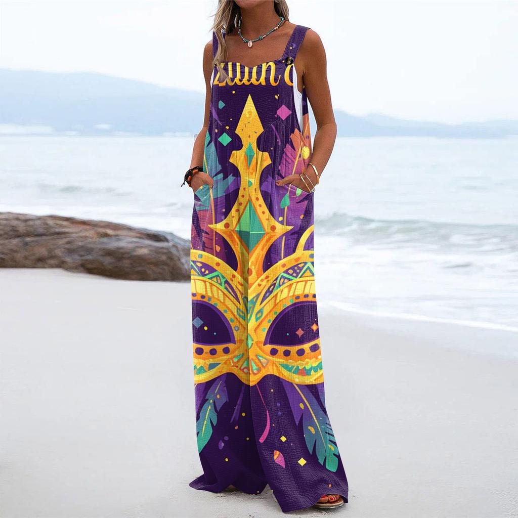 Wide Leg Overalls For Women Casual Loose Sleeveless Print Button Long Pant Romper Jumpsuit With Pockets