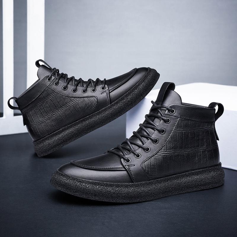 High-top shoes men's board shoes trendy fashion embossed crocodile pattern cotton shoes velvet large size men's short boots