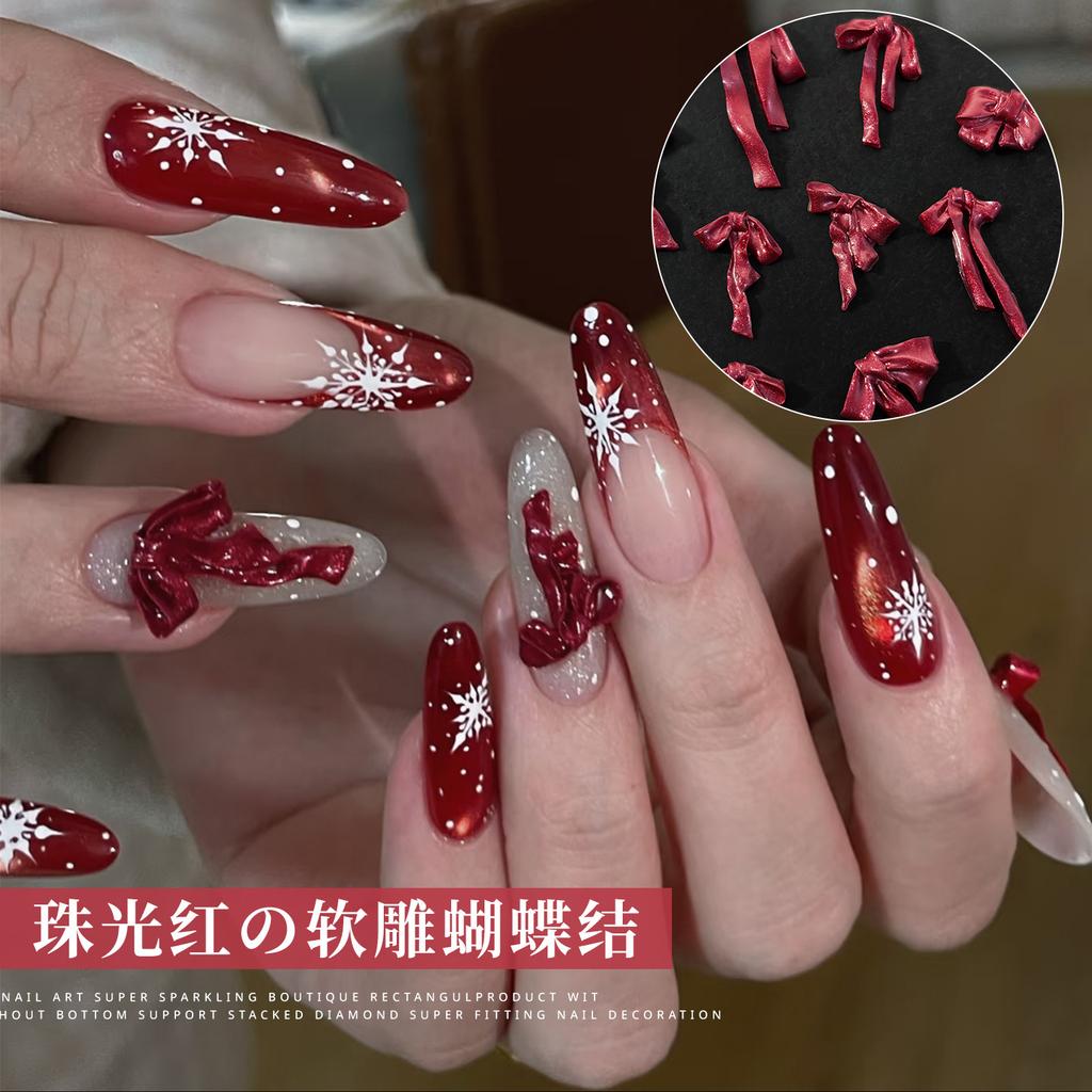 Satin New Red Nail Art Bow Decoration Mixed With Three-dimensional Pearl Ribbon Tie Soft Carving Resin
