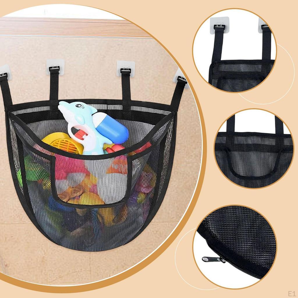 Bath Toy Organizer with 4 Hooks Easy to Install Mesh Bag Bathroom Holder Black