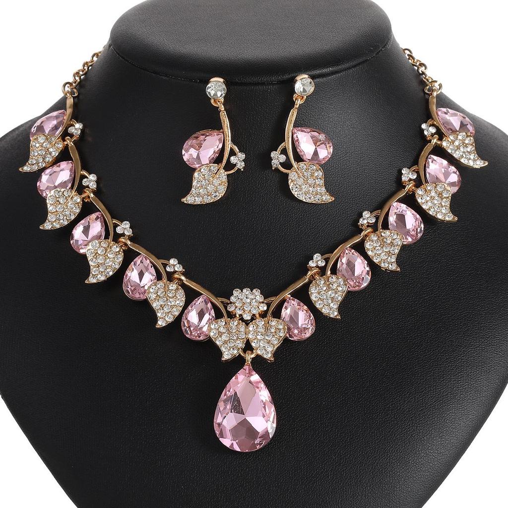 Ethnic Style Retro Gemstone Necklace & Leaf Water Drop Jewelry Set