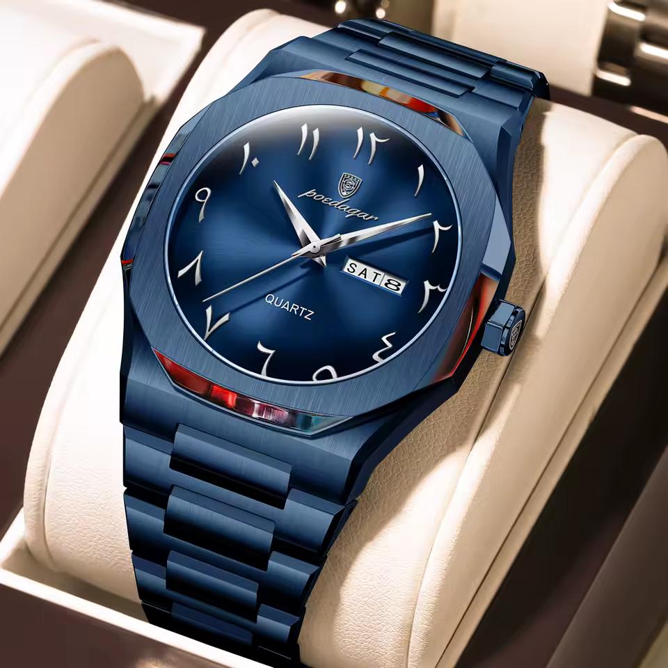 POEDAGAR Watch for Men Waterproof Luxury Week Calendar Wristwatch Quartz Stainless Steel Fashion Watches Male