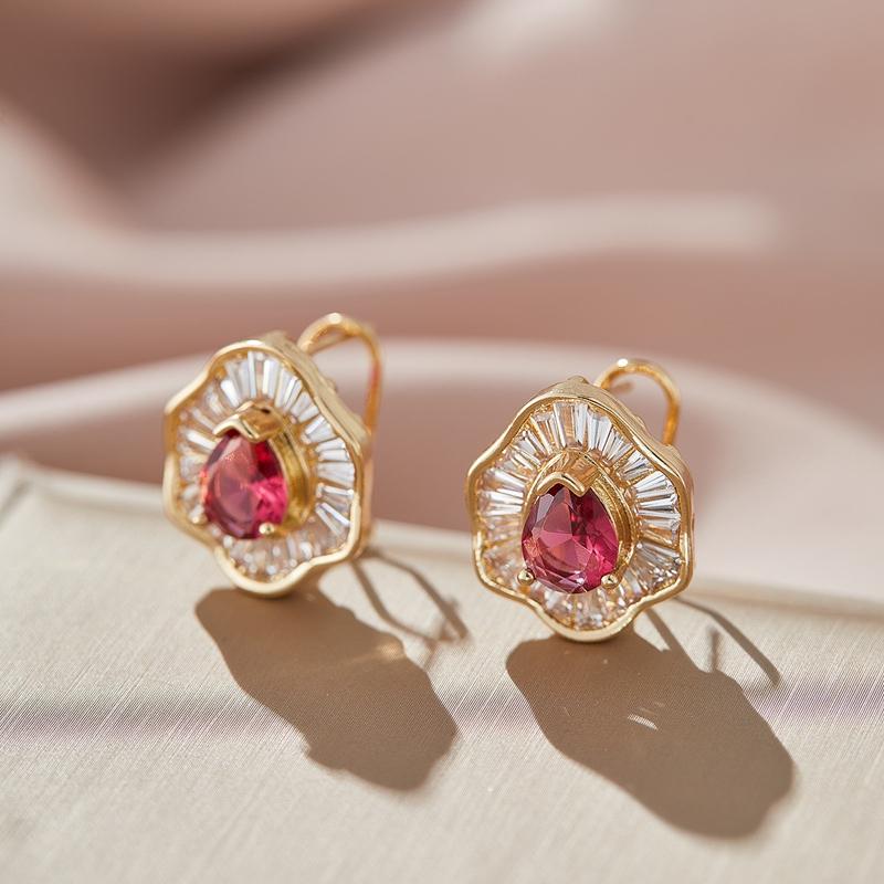1Pair Luxury Women'S Earring Red Cubic Zirconia Wedding Anniversary Stud Earring Gift Women'S Elegant Accessory Jewelry