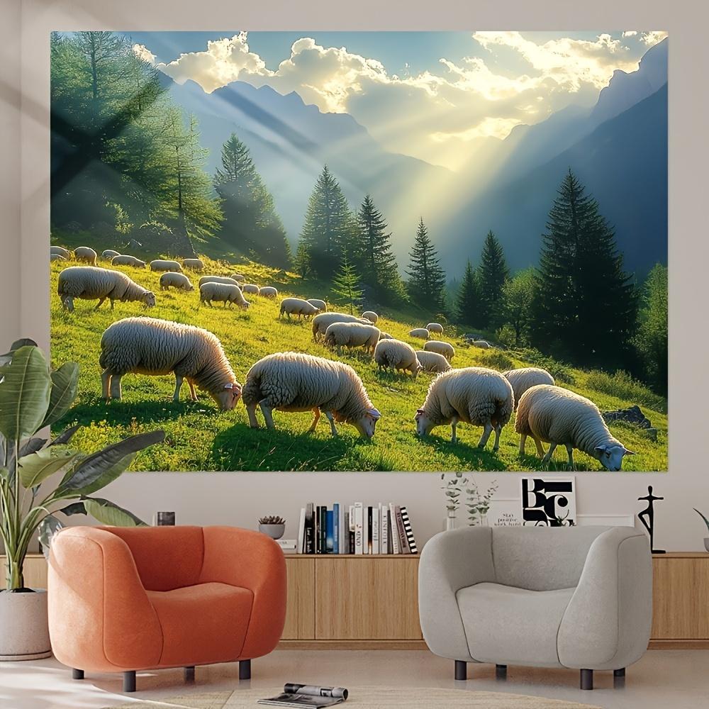 

No Installation Art Tapestry Serene Pastoral Landscape with Sheep Mountains Peach Light Beige Fabric Horizontal Wall Hangi 74x94cm(29x37in)