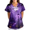 Women's Halloween Print Scrub Top V Neck Short Sleeve with Pockets Loose Fit