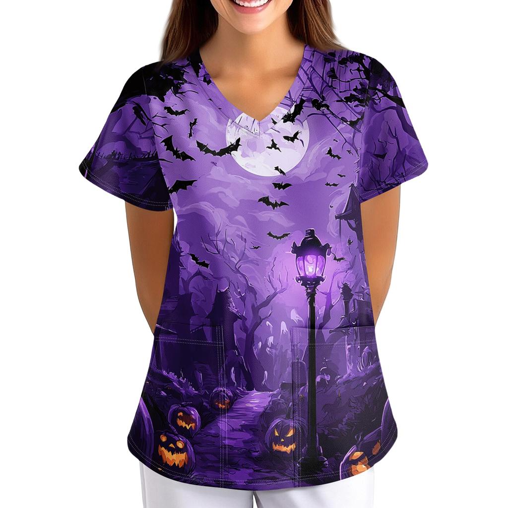Women's Halloween Print Scrub Top V Neck Short Sleeve with Pockets Loose Fit