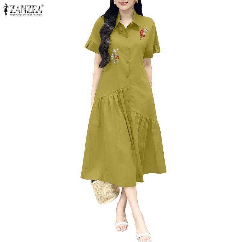 ZANZEA Women Casual Turn Down Collar Floral Embroidery Summer Short Sleeve Dress