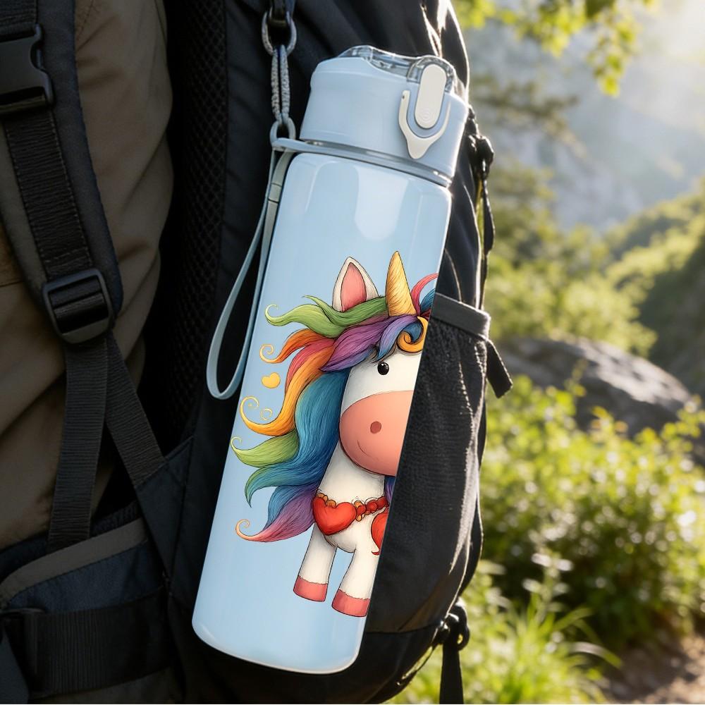 1PC Rainbow Unicorn Girl Cartoon Pattern 750ml Color Plastic Sports Water Bottle Leakproof Flip Straw Lid Suitable for Sports Office Home Use