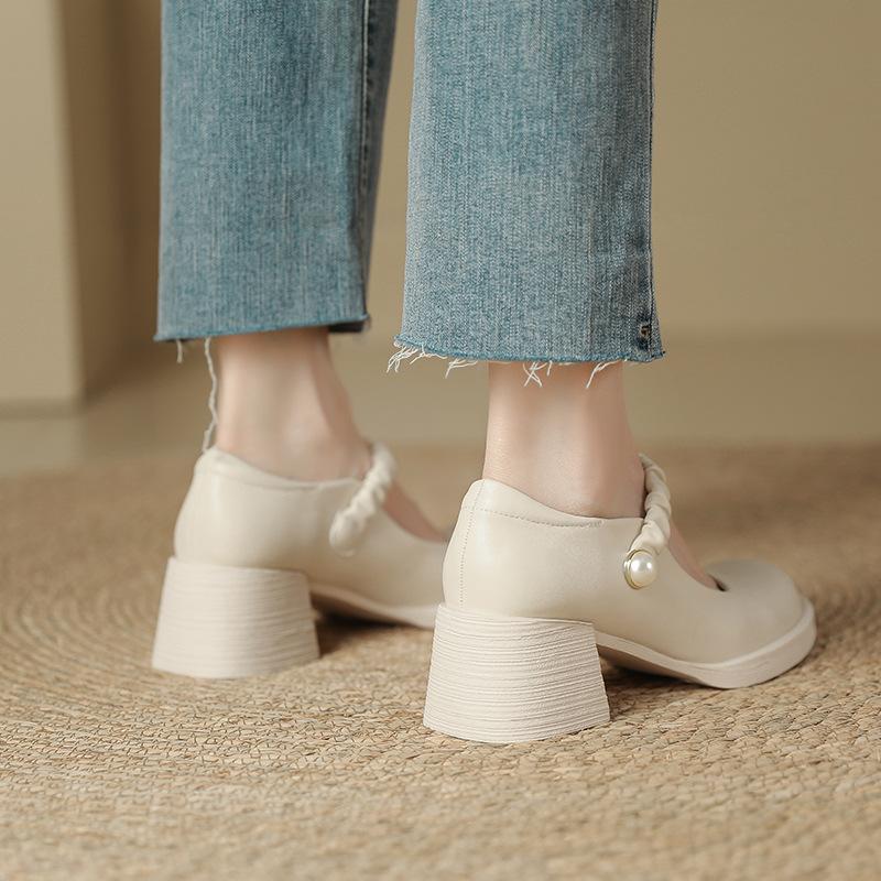Spring and Autumn Fairy Gentle Wind One-word Buckle Belt Round Head High Heels Women's Platform Mary Jane Shoes Thick Heel Light Mouth Small Leather S