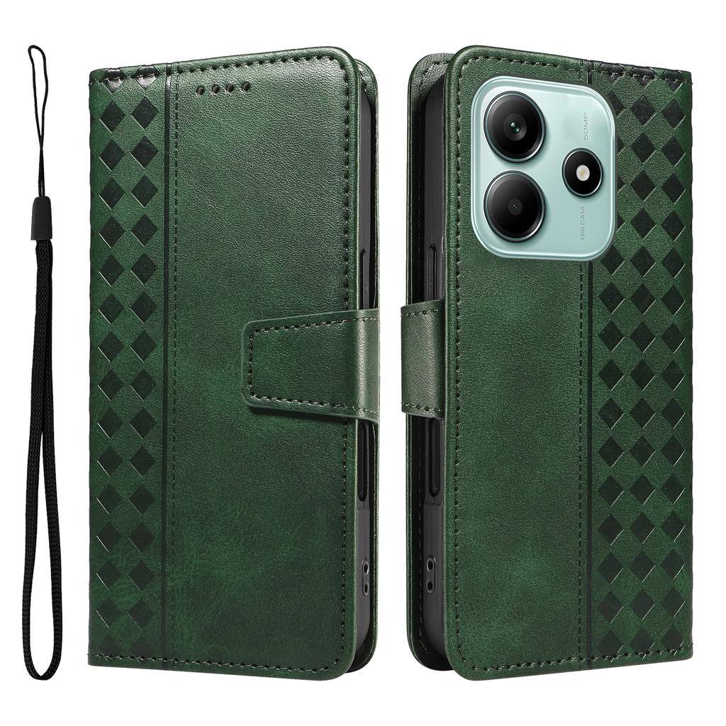 For Xiaomi Poco M7 Pro 5G/Xiaomi Redmi Note 14 5G Leather Case Wallet Stand Grids Imprinted Phone Cover with Strap