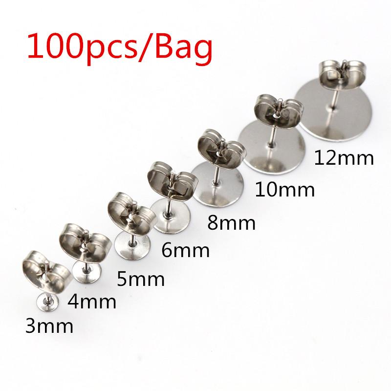 Ne se décolore pas 100 pièces/lot Clous d'oreilles vierges en acier inoxydable Adaptés pour supports de cabochon et camée de 12 mm Accessoires de fabrication de bijoux DIY Fournitures