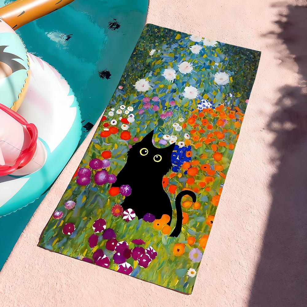 Art Black Cat In Flowers Garden Towel Soft Pool Gift For Travel Gym Shower Camping Quick Dry Sports Large Beach Towels