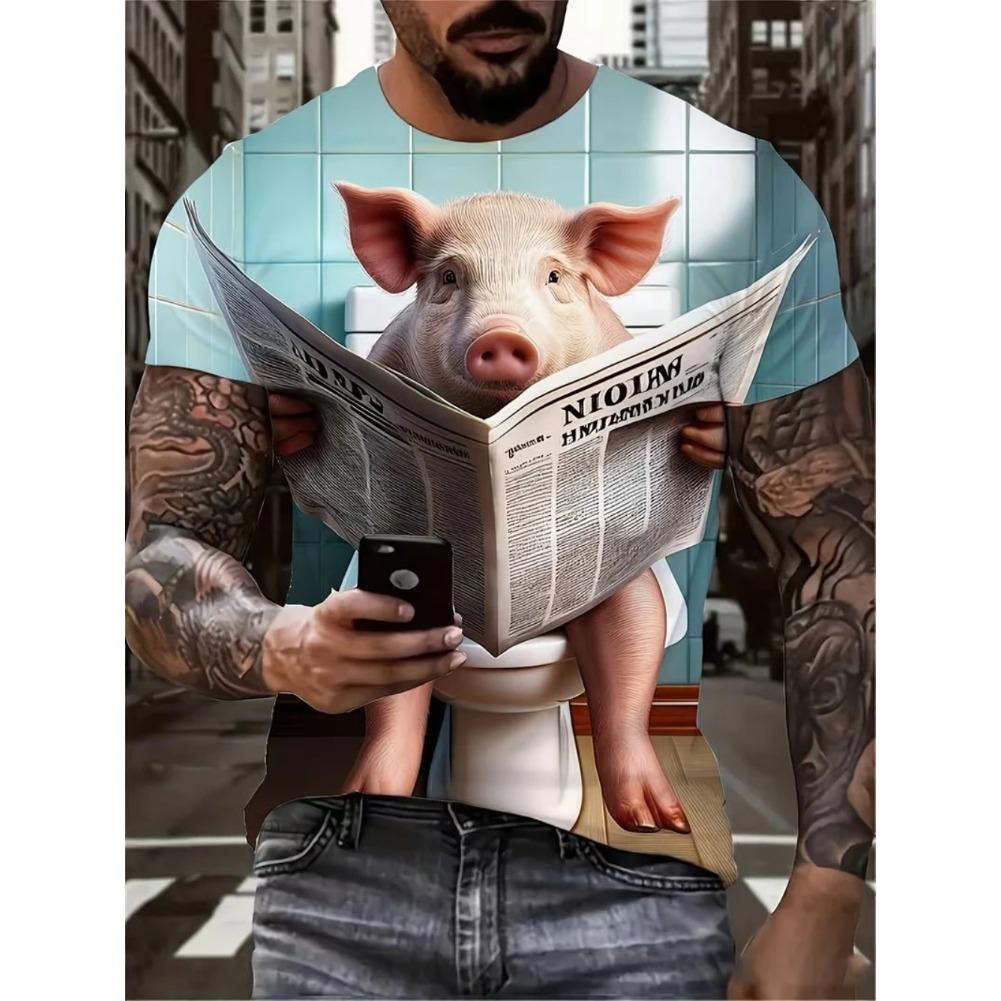Men's T-Shirt Cartoon Style Animals Pig Cat Graphic 3D Printed T-Shirt Casual Short Sleeved Tee Outdoor Loose Men Clothing Tops